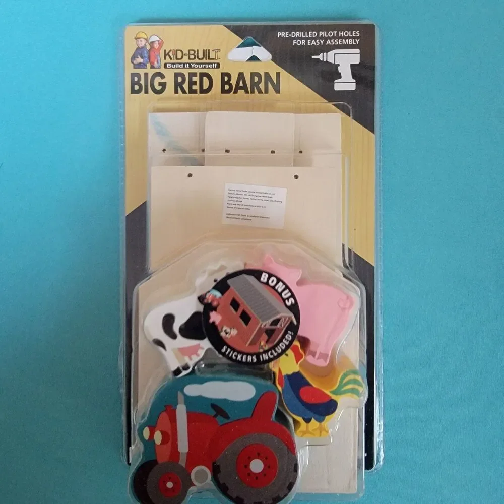 Kid-Built Big Red Barn Build-It-Yourself Wooden Toy Kit Farmer Animals Stickers